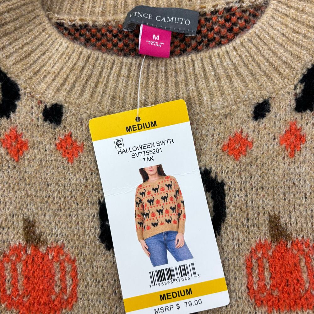Vince Camuto Medium Womens Sweater Black Cat Pumpkin Halloween Crewneck Fall - Picture 3 of 13
